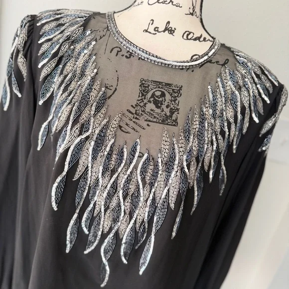 Vtg 90’s Argenti Blouse Mesh 100%Silk Beaded Black Embellished Sz 3XL Whimsigoth - Picture 6 of 16